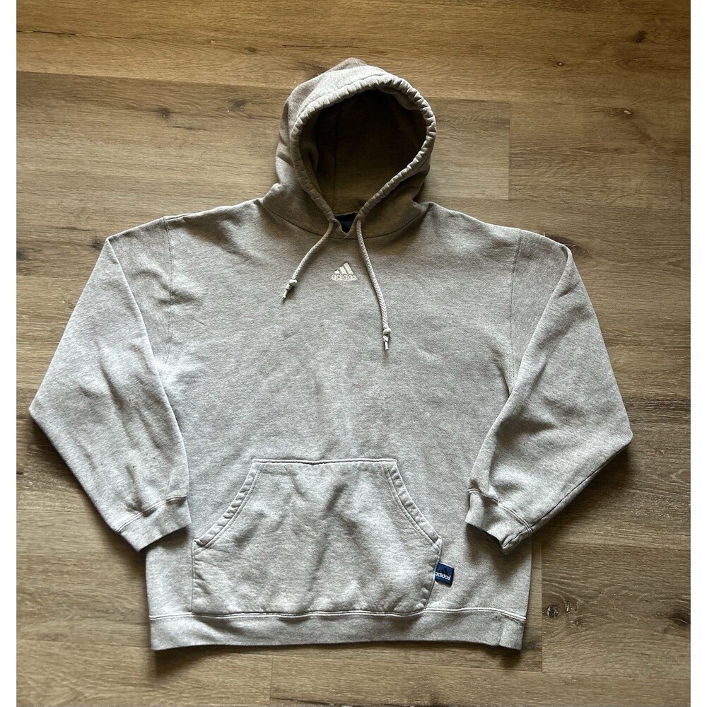 Vtg 90s Y2K Adidas Mens Large Spell Out Center Logo Heavyweight Hoodie Gray USA